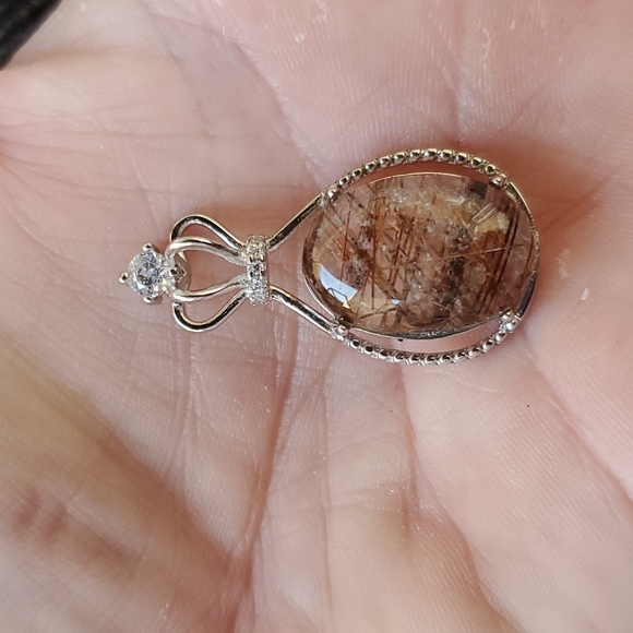 New Silver Wrapped Gold Rutilated Quartz Oval Rhinestone Crown Pendant. - Picture 3 of 12